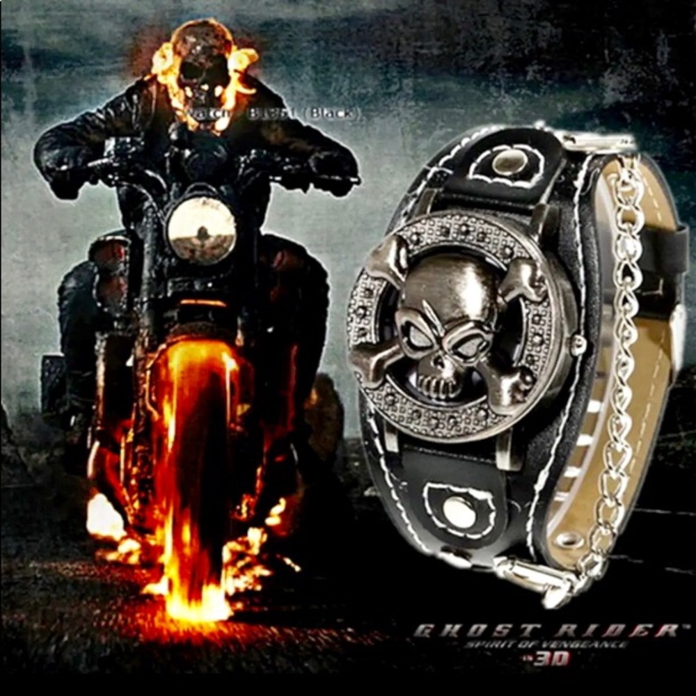 Men’s Skull Face Locket Watch w/Black Leather Band